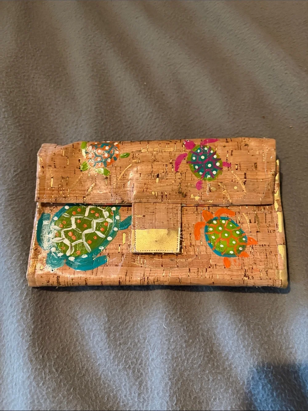 Handmade Cork Turtle Print Wallet - Natural Cork with Colorful Turtle Accents
